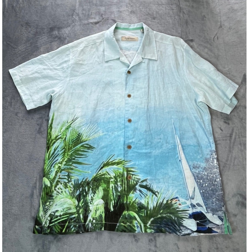 Tommy Bahama Mens XL Blue Linen Tropical Beach Sailboat Print Camp Shirt